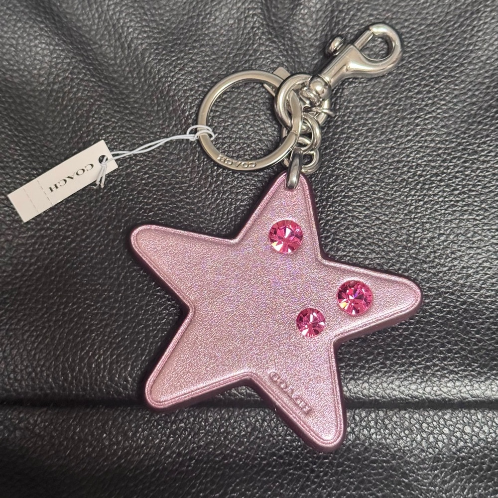 NWT Coach Metallic Leather Star Bag Charm With Gems Keychain Silver/Pink CZ172